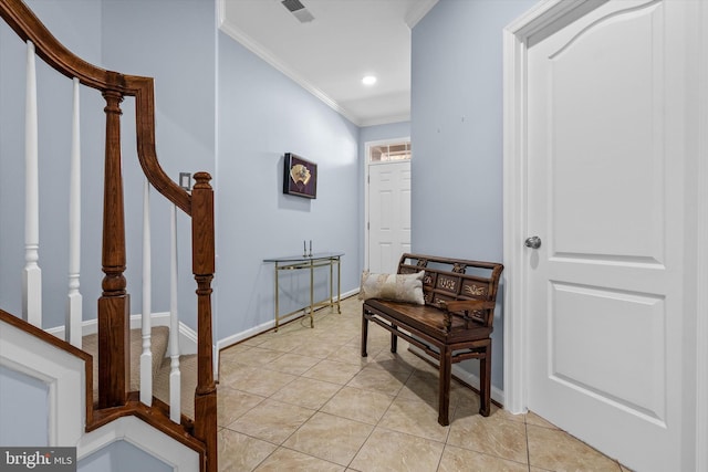 22650 Gray Falcon, Ashburn, VA 20148 - hallway with crown molding, stairway, light tile patterned flooring, recessed lighting, and baseboards