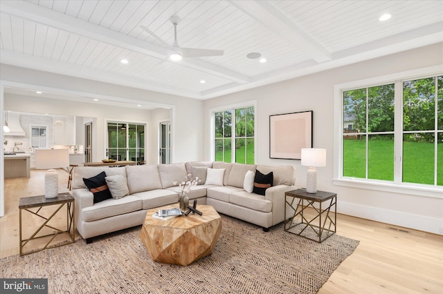 6613 Byrnes Dr, Mclean, VA 22101 - living area with light wood-type flooring, recessed lighting, wood ceiling with exposed beams, baseboards, and a ceiling fan