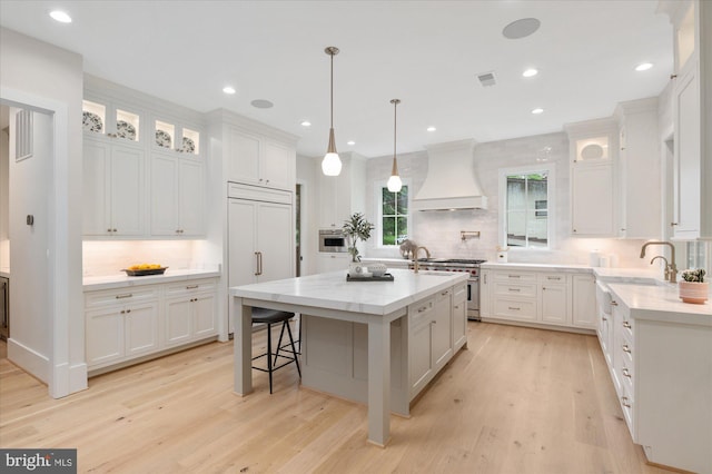 6613 Byrnes Dr, Mclean, VA 22101 - kitchen featuring custom range hood, high quality appliances, decorative backsplash, light wood-style flooring, and white cabinetry
