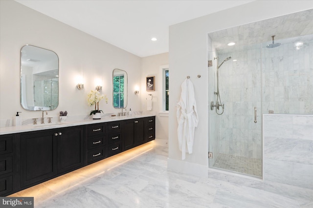 6613 Byrnes Dr, Mclean, VA 22101 - full bath featuring a shower stall, double vanity, marble finish floors, and recessed lighting