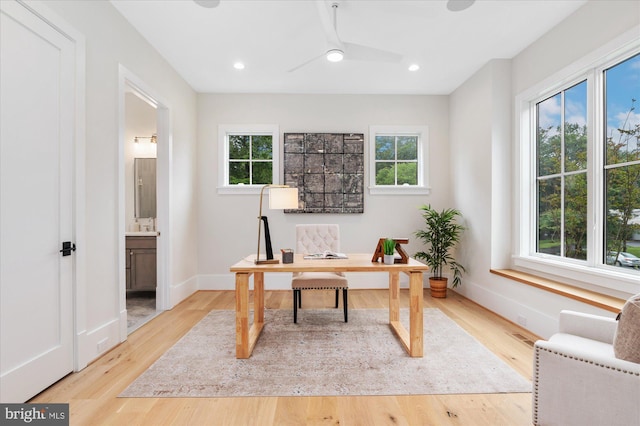 6613 Byrnes Dr, Mclean, VA 22101 - home office featuring healthy amount of natural light, a ceiling fan, light wood-type flooring, and recessed lighting