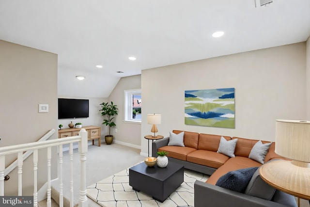 5210 57th Ave, Hyattsville, MD 20781 - living room featuring light colored carpet, lofted ceiling, baseboards, and recessed lighting