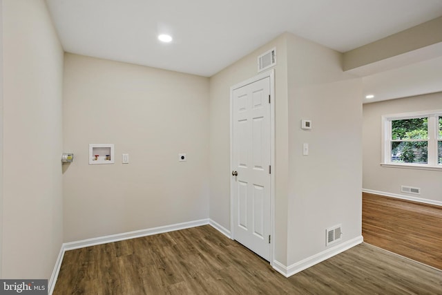 5210 57th Ave, Hyattsville, MD 20781 - laundry area with electric dryer hookup, wood finished floors, hookup for a washing machine, baseboards, and recessed lighting