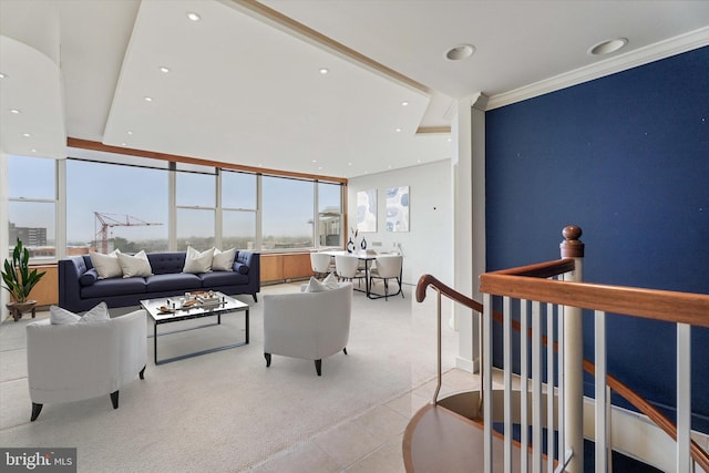 50 Belmont Ave Unit 1016/1116, Bala Cynwyd, PA 19004 - living room with recessed lighting, light tile patterned flooring, healthy amount of natural light, light colored carpet, and ornamental molding