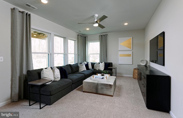 1201 Bear Oak Ln Unit 2, Laurel, MD 20724 - living area featuring light carpet, baseboards, ceiling fan, and recessed lighting