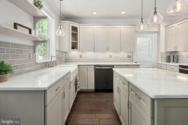 1704 N Royal Ave, Front Royal, VA 22630 - kitchen with stainless steel dishwasher, tasteful backsplash, dark wood-style floors, light stone countertops, and crown molding