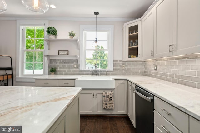 1704 N Royal Ave, Front Royal, VA 22630 - kitchen featuring dishwasher, ornamental molding, light stone countertops, dark wood-style flooring, and decorative backsplash