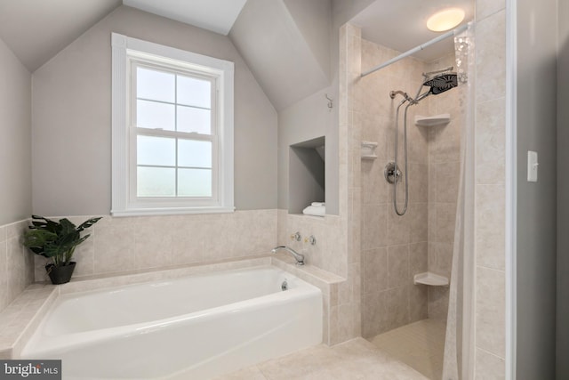 1704 N Royal Ave, Front Royal, VA 22630 - bathroom with a garden tub, lofted ceiling, and tiled shower
