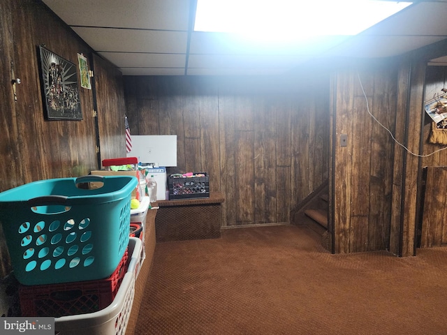 74 Probasco Rd, Hightstown, NJ 08520 - finished below grade area featuring carpet, wooden walls, and a drop ceiling