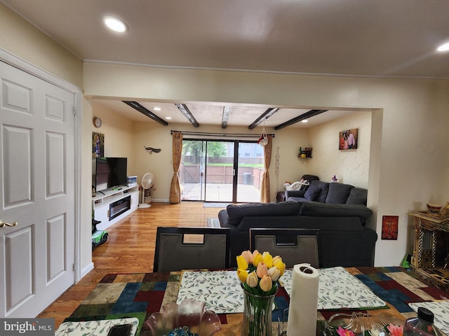74 Probasco Rd, Hightstown, NJ 08520 - living room with wood finished floors, beam ceiling, and recessed lighting