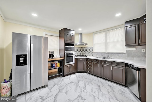 15 Homberg Ave, Baltimore, MD 21221 - kitchen with appliances with stainless steel finishes, wall chimney range hood, light marble finish floors, light countertops, and a sink