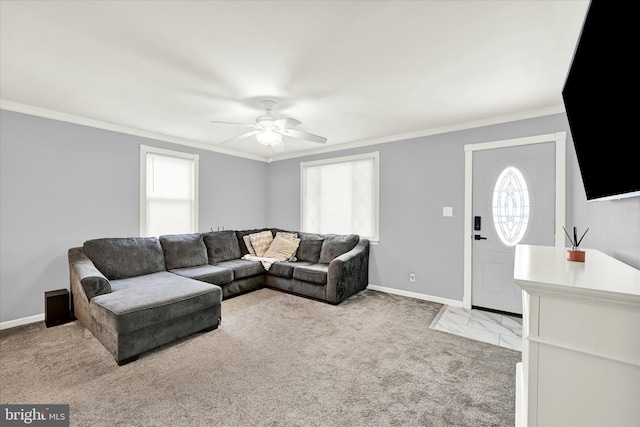 15 Homberg Ave, Baltimore, MD 21221 - living room featuring ceiling fan, healthy amount of natural light, light colored carpet, crown molding, and baseboards
