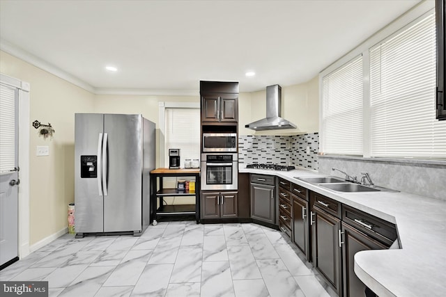 15 Homberg Ave, Baltimore, MD 21221 - kitchen featuring appliances with stainless steel finishes, wall chimney range hood, a sink, light marble finish flooring, and recessed lighting