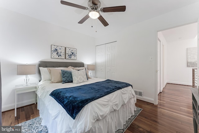2127 Cabots Point Ln, Reston, VA 20191 - bedroom with dark wood finished floors, a closet, and ceiling fan