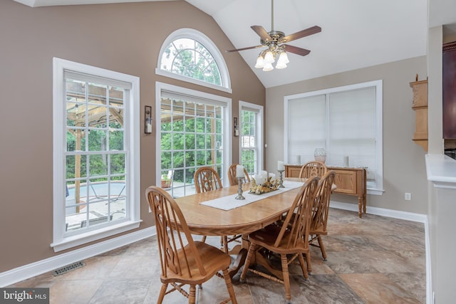 11 Harvest Dr, Pittsgrove, NJ 08318 - dining space with baseboards, ceiling fan, and high vaulted ceiling
