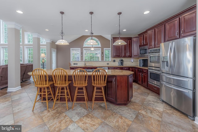 11 Harvest Dr, Pittsgrove, NJ 08318 - kitchen featuring appliances with stainless steel finishes, ornate columns, dark brown cabinets, backsplash, and recessed lighting
