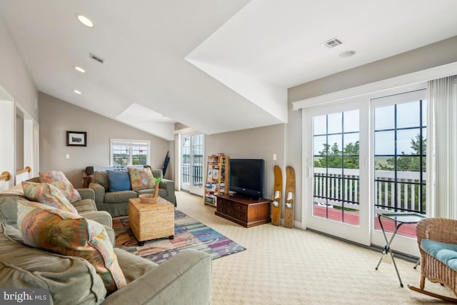 461 Anchor Rd, Tuckerton, NJ 08087 - living room with light colored carpet, lofted ceiling, and recessed lighting