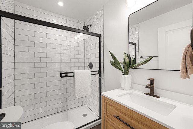 12300 La Plata St, Silver Spring, MD 20904 - bathroom with toilet, vanity, a shower stall, and recessed lighting