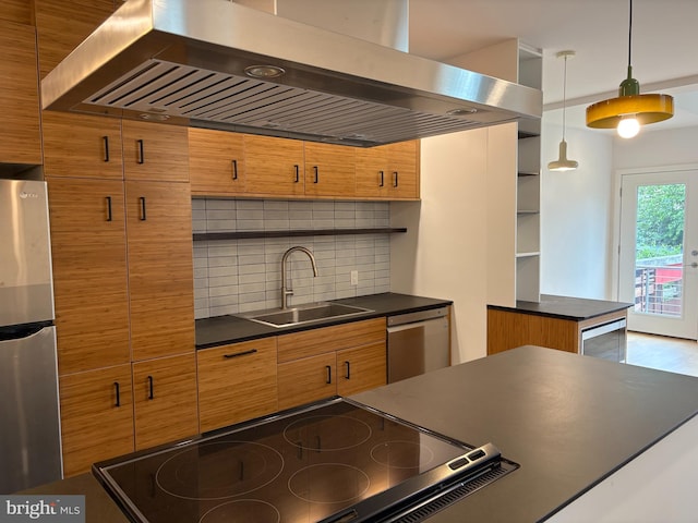 252 Sumac St, Philadelphia, PA 19128 - kitchen with exhaust hood, a sink, appliances with stainless steel finishes, dark countertops, and backsplash