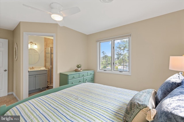 917 Lake View Dr, Bethany Beach, DE 19930 - bedroom featuring connected bathroom, a ceiling fan, carpet floors, and a sink