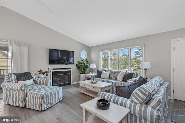 917 Lake View Dr, Bethany Beach, DE 19930 - living room featuring vaulted ceiling, wood finished floors, a glass covered fireplace, and baseboards