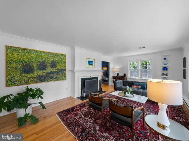 9103 Chickawane Ct, Alexandria, VA 22309 - living area featuring a fireplace with flush hearth, wood finished floors, crown molding, and baseboards