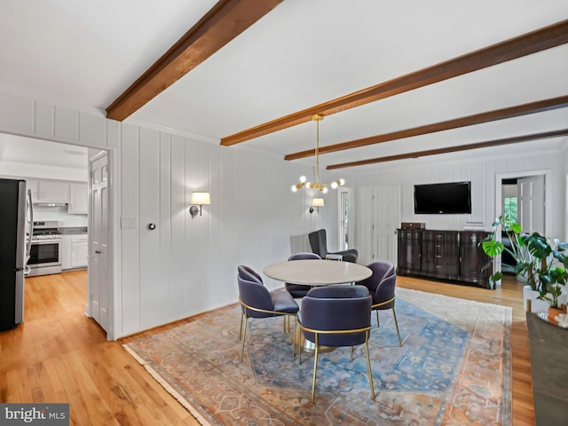 9103 Chickawane Ct, Alexandria, VA 22309 - dining area with beamed ceiling, light wood-type flooring, and a chandelier