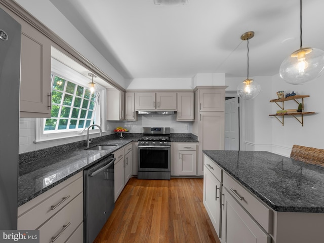 9103 Chickawane Ct, Alexandria, VA 22309 - kitchen featuring stainless steel appliances, a sink, under cabinet range hood, wood finished floors, and pendant lighting