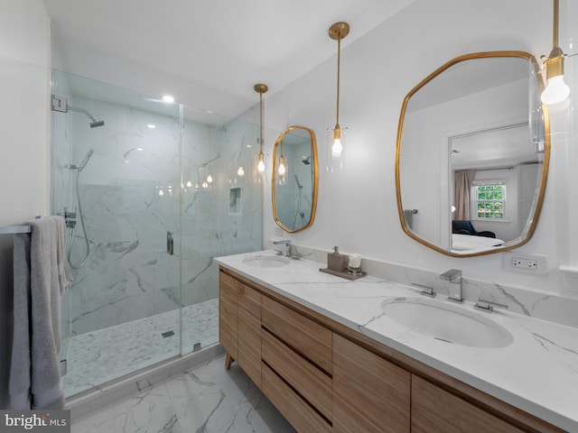 9103 Chickawane Ct, Alexandria, VA 22309 - full bathroom with a marble finish shower, double vanity, and marble finish flooring