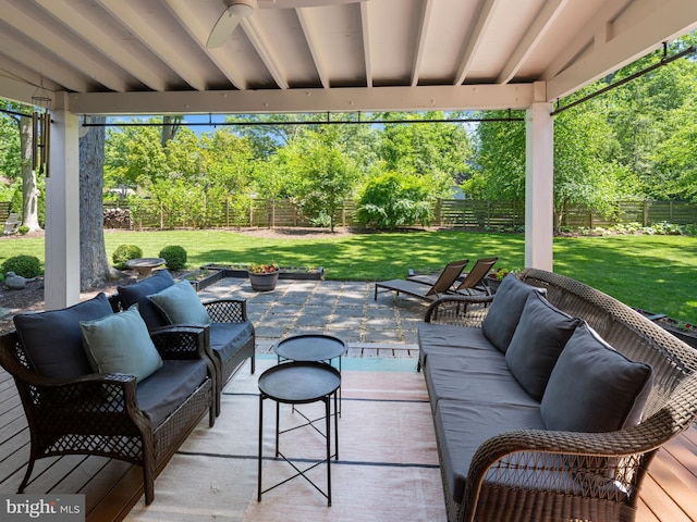 9103 Chickawane Ct, Alexandria, VA 22309 - view of patio with an outdoor hangout area, ceiling fan, and view of scattered trees
