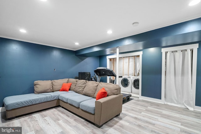 1971 High Top Rd, Linden, VA 22642 - living room featuring washer and dryer, wood finished floors, recessed lighting, and ornamental molding