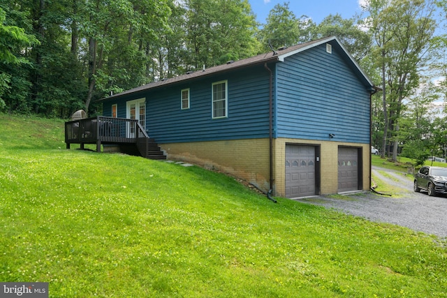 1971 High Top Rd, Linden, VA 22642 - view of property exterior with a wooden deck, a lawn, brick siding, and a garage