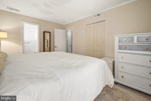 425 Robin Dr Unit 302, Ocean City, MD 21842 - bedroom featuring ornamental molding, a closet, carpet floors, and a textured ceiling
