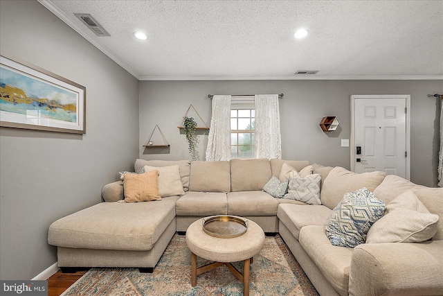 425 Robin Dr Unit 302, Ocean City, MD 21842 - living room with crown molding, dark wood finished floors, a textured ceiling, recessed lighting, and baseboards