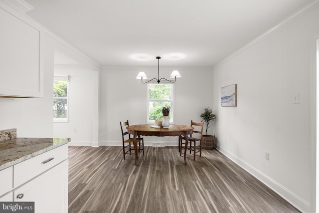 1164 Fairfax Pike, White Post, VA 22663 - dining area featuring dark wood-style flooring, baseboards, plenty of natural light, a chandelier, and crown molding