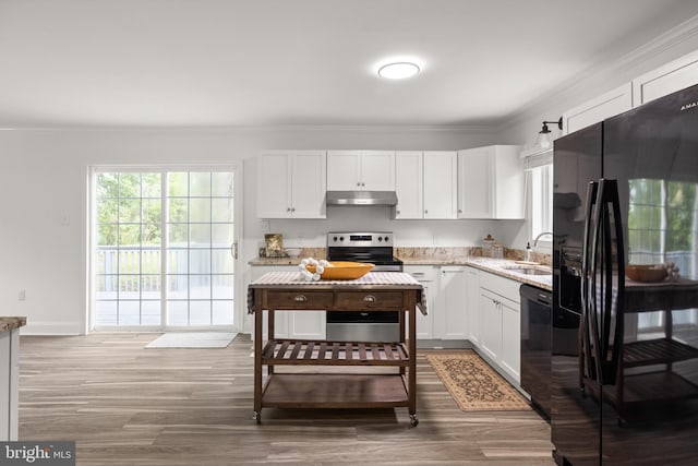 1164 Fairfax Pike, White Post, VA 22663 - kitchen with black appliances, under cabinet range hood, a sink, ornamental molding, and light wood finished floors