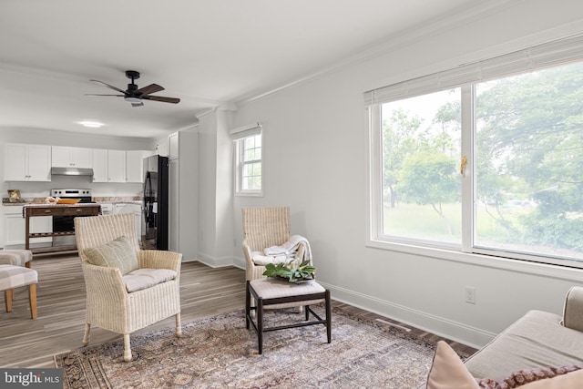 1164 Fairfax Pike, White Post, VA 22663 - living area featuring baseboards, a ceiling fan, light wood-style flooring, and ornamental molding