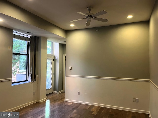1211 Light St Unit 105, Baltimore, MD 21230 - empty room with a ceiling fan, dark wood-style flooring, recessed lighting, and baseboards