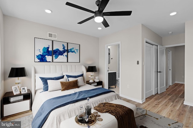 1728 S Bancroft St, Philadelphia, PA 19145 - bedroom featuring light wood-style floors, ensuite bathroom, baseboards, recessed lighting, and a ceiling fan