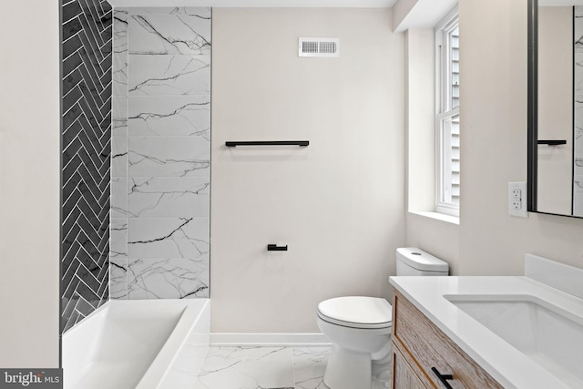 1728 S Bancroft St, Philadelphia, PA 19145 - full bathroom with marble finish floors, vanity, toilet, a shower, and baseboards