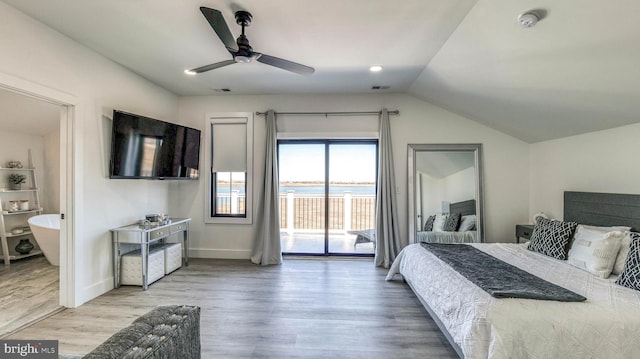 21 Hart Ln, Ventnor City, NJ 08406 - bedroom with access to exterior, light wood-type flooring, vaulted ceiling, baseboards, and a ceiling fan