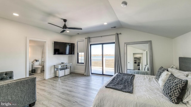 21 Hart Ln, Ventnor City, NJ 08406 - bedroom with access to exterior, wood finished floors, vaulted ceiling, connected bathroom, and baseboards