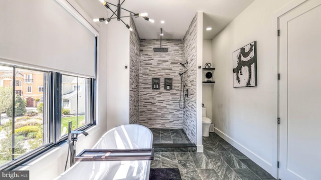 21 Hart Ln, Ventnor City, NJ 08406 - bathroom featuring tiled shower, a freestanding bath, toilet, marble tiled flooring, and baseboards