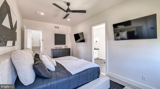 21 Hart Ln, Ventnor City, NJ 08406 - bedroom with wood finished floors, recessed lighting, baseboards, ensuite bathroom, and ceiling fan