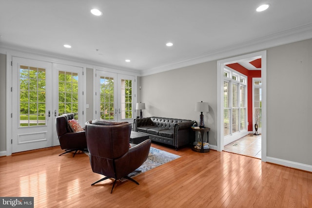 8800 Primula Dr, Laytonsville, MD 20882 - living area featuring french doors, crown molding, hardwood / wood-style floors, baseboards, and recessed lighting