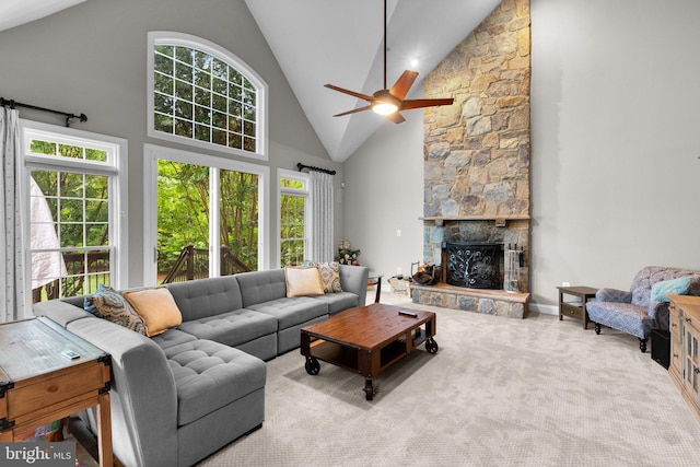 8800 Primula Dr, Laytonsville, MD 20882 - living area with high vaulted ceiling, a ceiling fan, carpet floors, and a fireplace