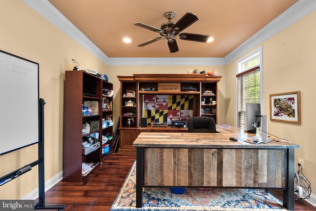 8800 Primula Dr, Laytonsville, MD 20882 - office with ceiling fan, dark wood-style floors, crown molding, and baseboards