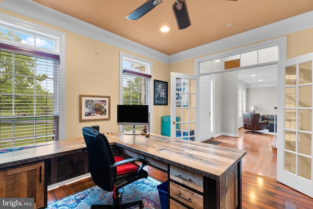 8800 Primula Dr, Laytonsville, MD 20882 - home office with ornamental molding, a ceiling fan, wood-type flooring, french doors, and baseboards