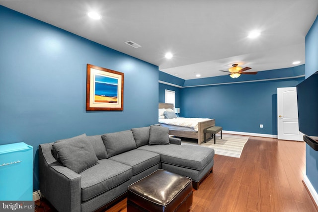 8800 Primula Dr, Laytonsville, MD 20882 - bedroom with recessed lighting, wood finished floors, baseboards, and ceiling fan