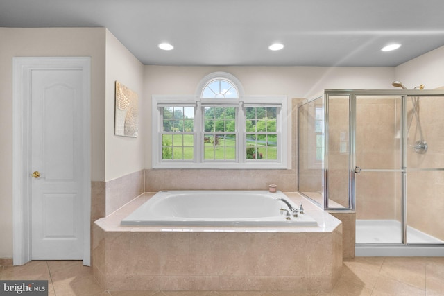 8800 Primula Dr, Laytonsville, MD 20882 - bathroom with a bath, a stall shower, tile patterned flooring, and recessed lighting